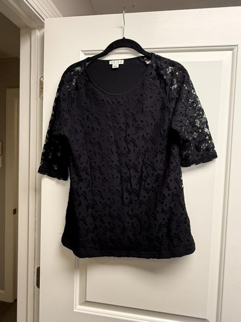 REISS Black Lace Lined Top Short Sleeve (Size M)